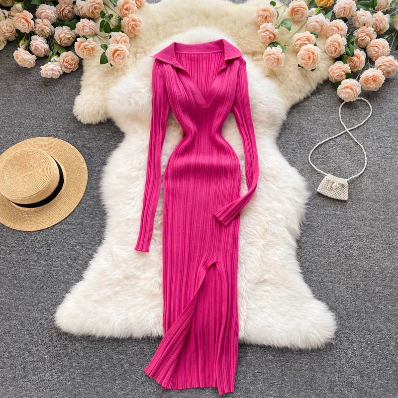 split-wrap-knee-length-V-Neck-casual-elegant-knit-dresses-2024-women ...