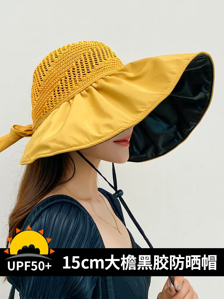 Hat Lady Summer Sunshine UV Hat Anti-ultraviolet Black Glue Empty Top Big Edge Cover Face Sunshade Beach Sun Protection Caps
