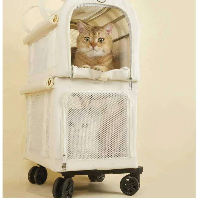 Pet Trolley Box 2-layers Design Cat Basket Breathable Comfortable Transport Case Travel Pet Trolley