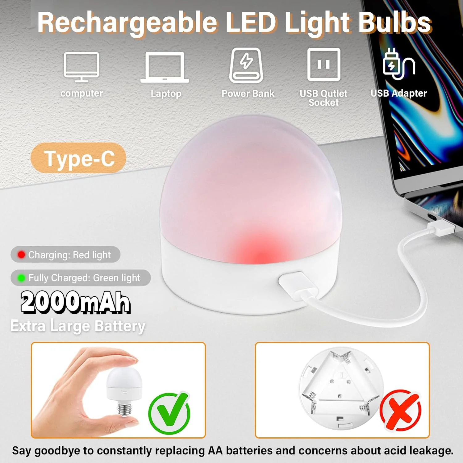 Battery Operated Light Bulbs Removable Base Magnetic USB Fast Charging Timer 15 Color 5W Rechargeable LED Light Emergency Bulb emergency light emergency light bulb