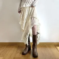 Lace Asymmetrical Skirt Fairycore Women Vintage Y2K Boho Aesthetic Fashion High Waist Mid Skirts Lady Holiday Outfits - Image 3