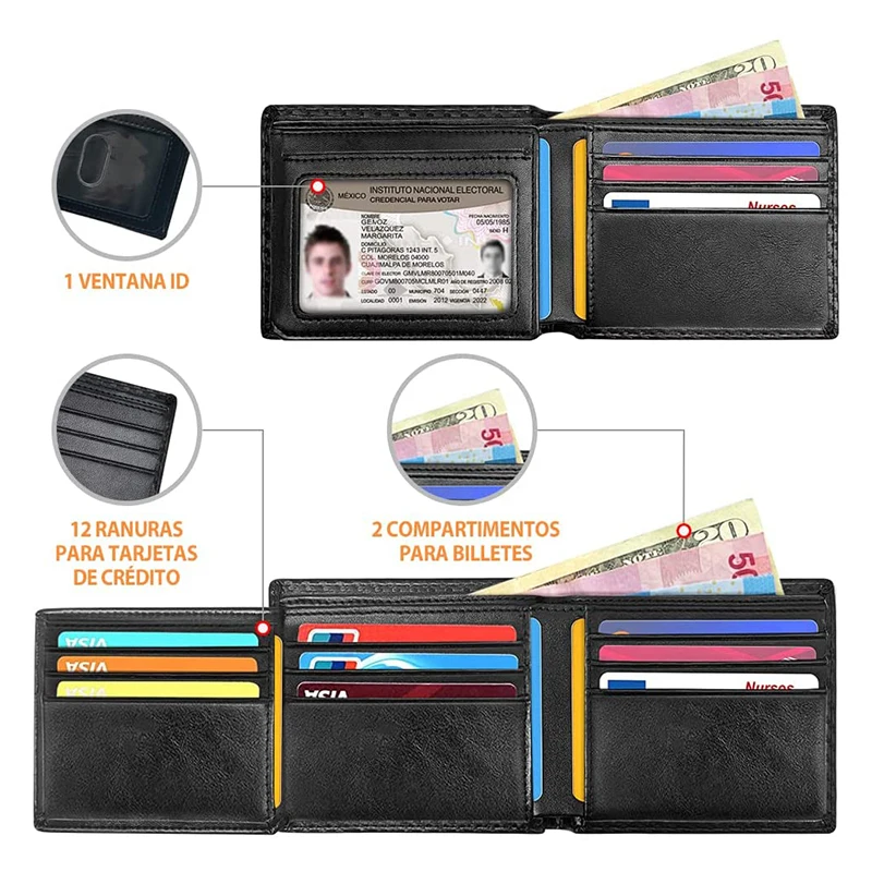 Slim Minimalist Tri-Fold Wallet Carbon Fiber RFID Blocking Men's  Wallet With ID Window and 9 Card Slots 2