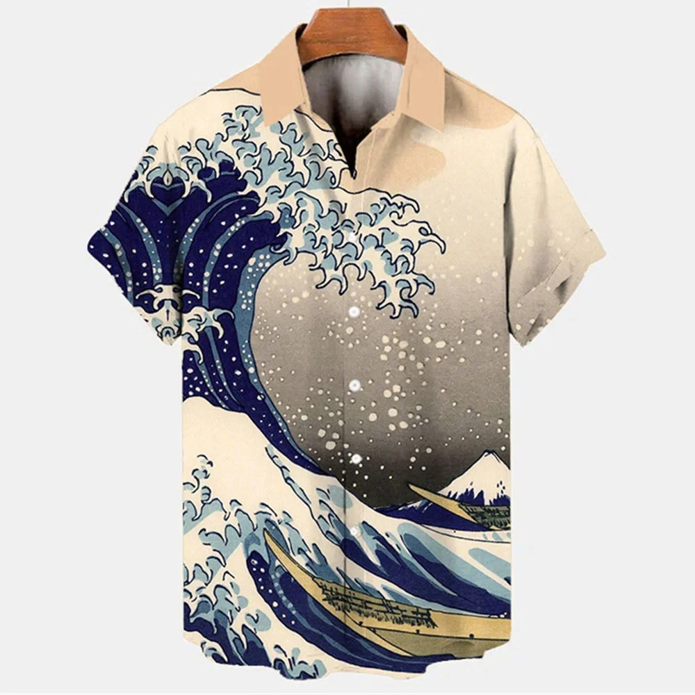 Camisa hawaiana de manga corta con estampado 3D de olas para hombre, informal, versátil, retro, minimalista, con solapa y botones para vacaciones en la playa