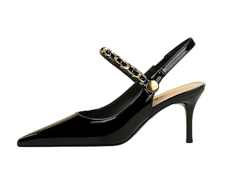 Shoes Metal Chain Women Pumps Patent Leather New Women 7 Cm 9.5 Cm Heels Women Summer Stilettos Sandals High Heels