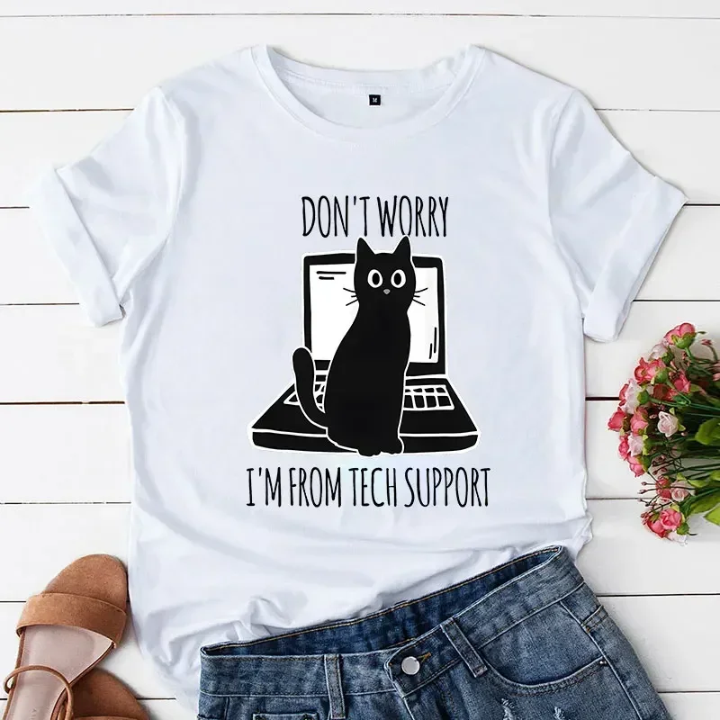 

Повседневные женские модные футболки, футболки с коротким рукавом, черные топы с рисунком кошки, женские топы I'm From Tech Support, не волнуйтесь, белая одежда