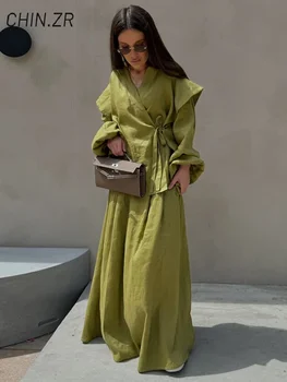 Casual Lace Up Shirt Skirt Set Women Loose V-neck Lantern Sleeve Blouses Long A-line Skirts 2025 Summer Lady Holiday Outfits 1