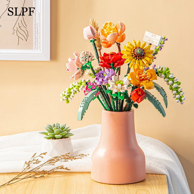 

Building Block Bouquet 3D Model Toy Home Decoration Plant Potted Chrysanthemum Rose Flower Assembly Brick Girls Toys Child Gifts