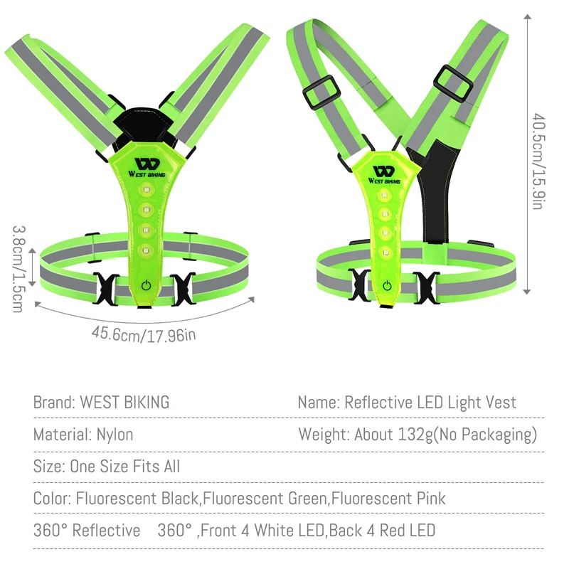 WEST BIKING Cycling Reflective Safety Vest Electric Scooter Flashing Vest USB Rechargeable LED Vest Running Jogging Fishing