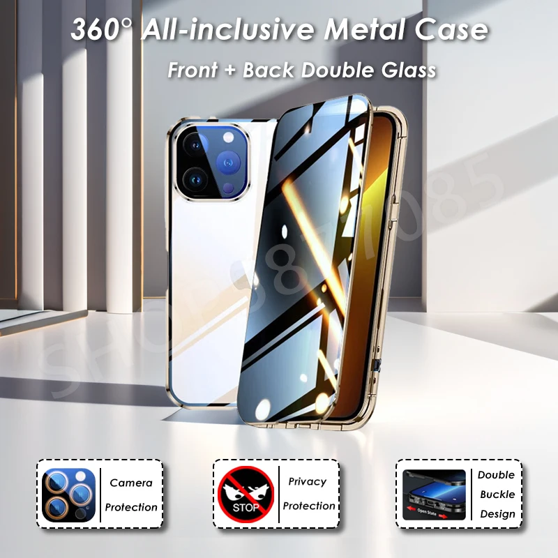 360° Full Protection Metal Magnetic Anti Peeping Buckle Lock Case For iPhone 15 14 13 12 11 Pro Max Double-Sided Glass Cover