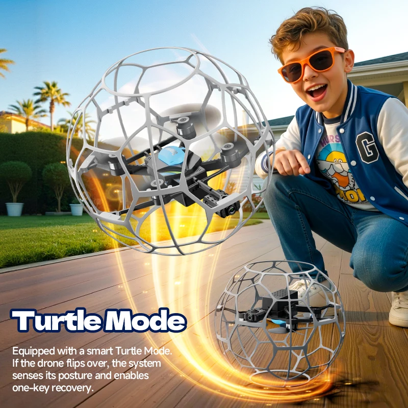 Drone V51 avec caméra FPV HD et protection 3D en vol, capturant une vue aérienne