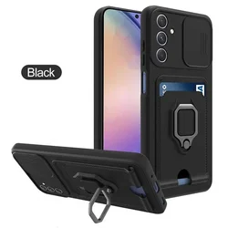 Magnetic Ring Holder Phone Cover with Push Window Card Slot - A14 5G - A14 4G (Black)