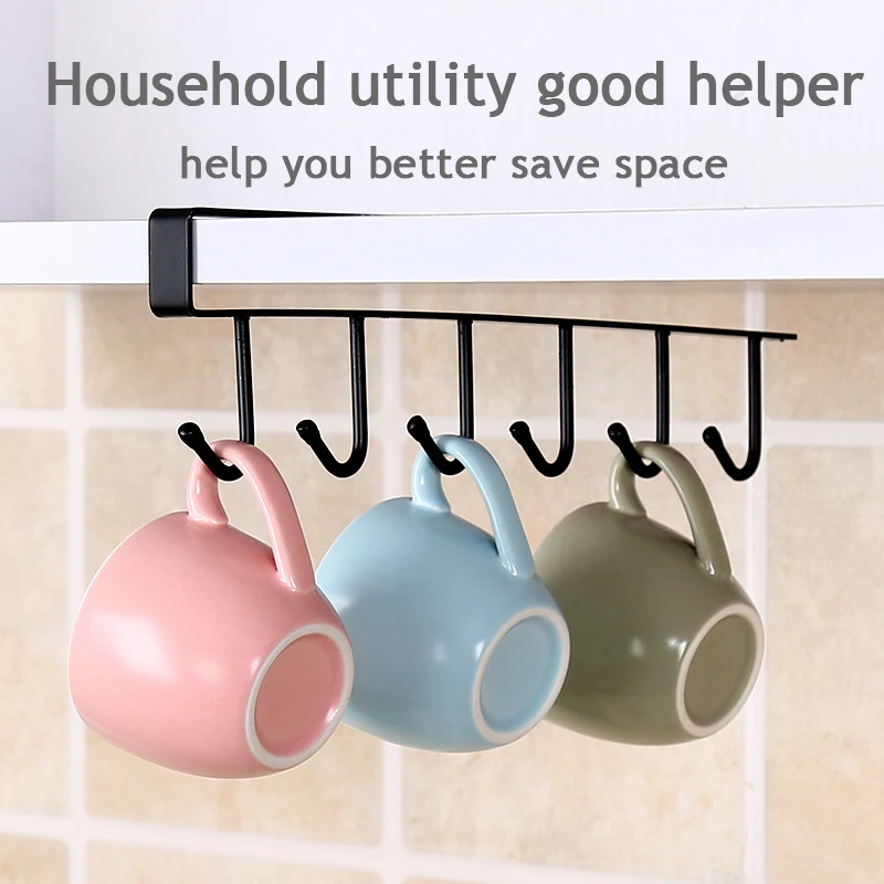 Multifunctional Kitchen Cabinet Mug and Sundries Organizer with Six Hooks - Black and White