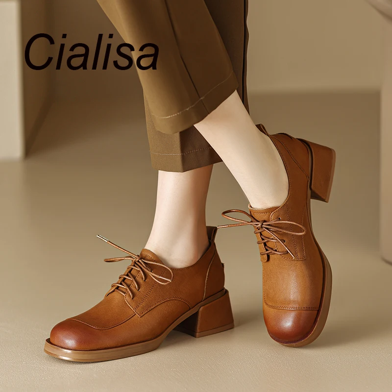 

Cialisa Genuine Leather Women's Pumps 2023 Spring Vintage Round Toe High Quality Female Shoes Mid Heels Lady Footwear Black New