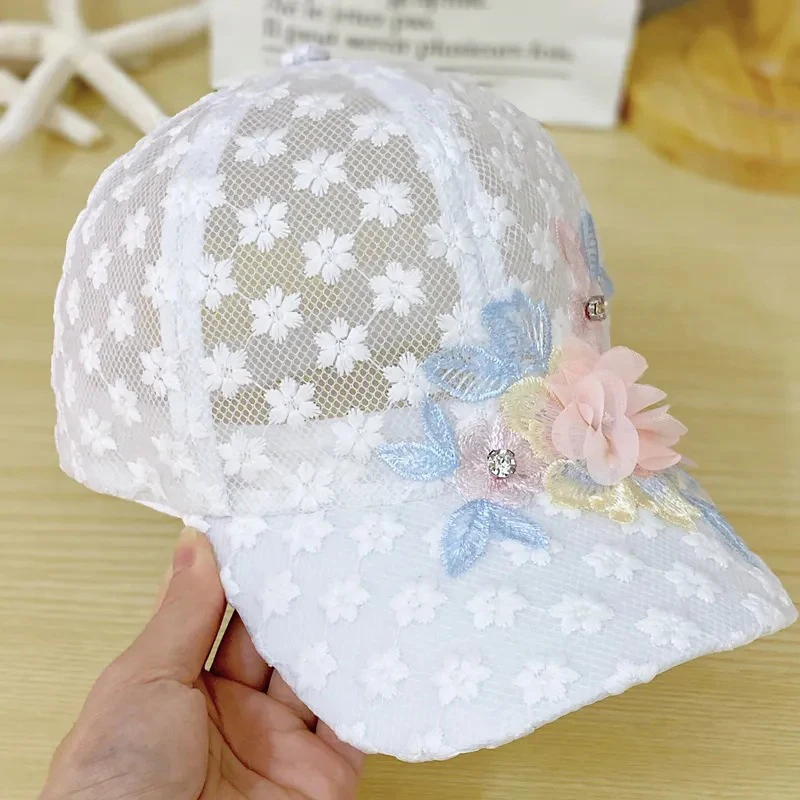 Elegant Lace-Trimmed Breathable Baseball Cap With Flower Embroidcery & Faux Pearls-Adjustable & Chic For Every Woman