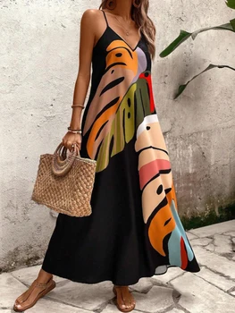 Reggicalze a spalla sottile casual elegante da donna Un pendolo versione ampia gonna lunga abito estivo con stampa floreale 1