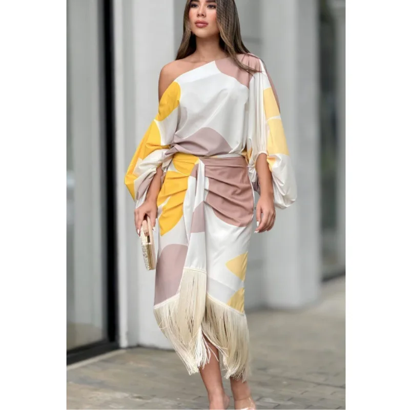 

2024 Elegant Two Piece Sets Women Outfit Geometric Printed Lantern Sleeves Loose Tops and Tassels Hem Skirt New Matching Set