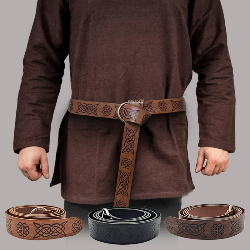 

Medieval Embossed Vegvisir PU Leather O Ring Belt Retro Knight Buckles Belt Leather Waistband for Men