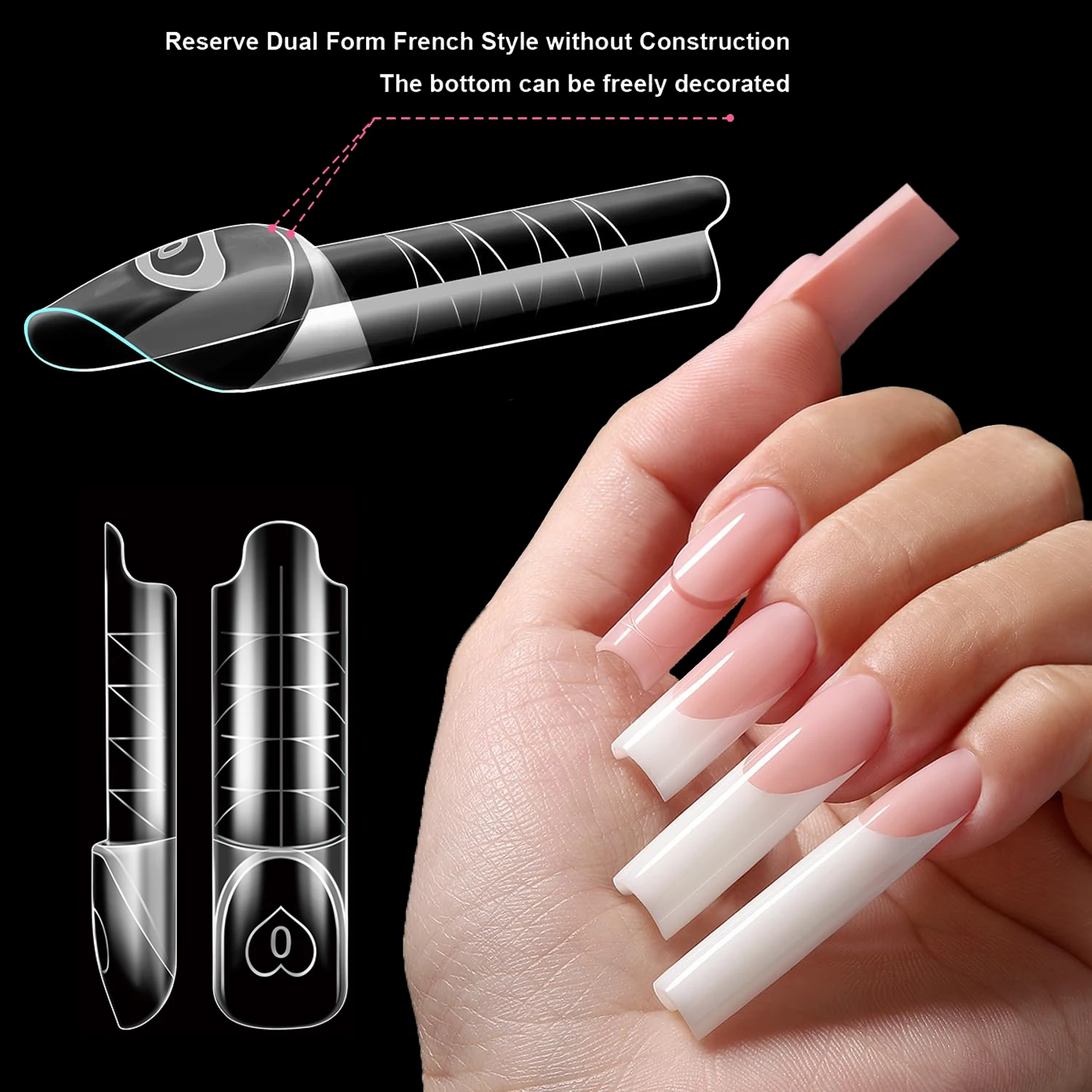 150개/박스 3D 리버스 롱 스퀘어/스틸레토 네일 듀얼 폼 몰드 퀵 익스텐션 매직 캡스 존 스페이스