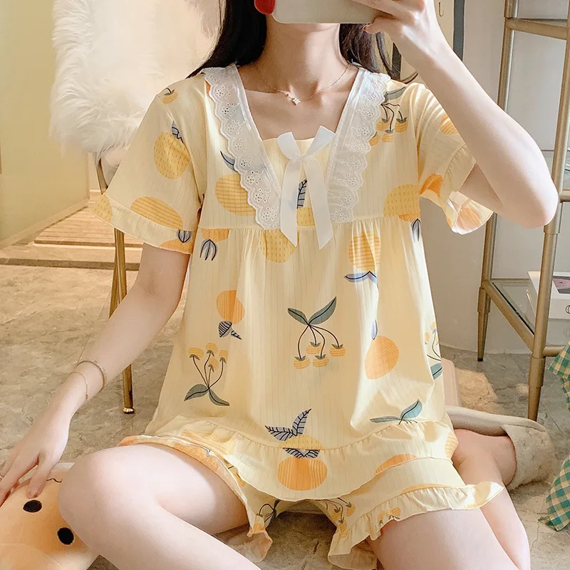 Kawaii Two Piece Set Women's Pajamas Patchwork Lace Bow Pullover Short