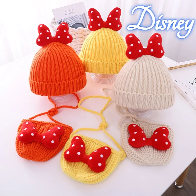 Disney Minnie Mouse Knitted Hats for Baby Kids Winter Warm Beanies Circle Scarf Thicken Fleece Lining for 2-12 Years Boys Girls