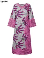 VONDA Plus Size Bohemian Long Maxi Dress Women V-Neck Long Sleeve Printed Party Vestidos European and American Vintage Robe 5XL - Image 4