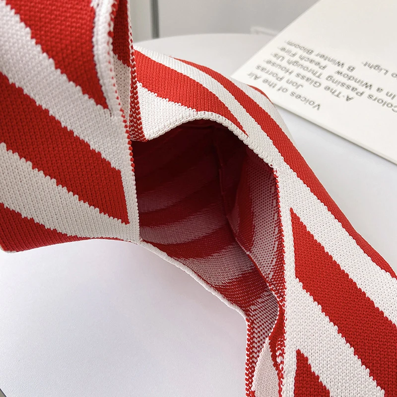 Handmade Knit Handbag Women Mini Knot Wrist-bag Female Casual Color Wide Stripe Tote Shoulder Bag Student Reusable Shopping Bag