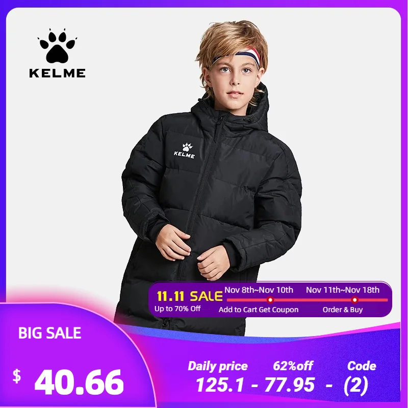 Sports jacket KELME Kid Winter Jacket Long Solid Sports Training Coat Child Overcoat Outrwear Warm Cotton Padded Winter Coat Boys Girl 3883406