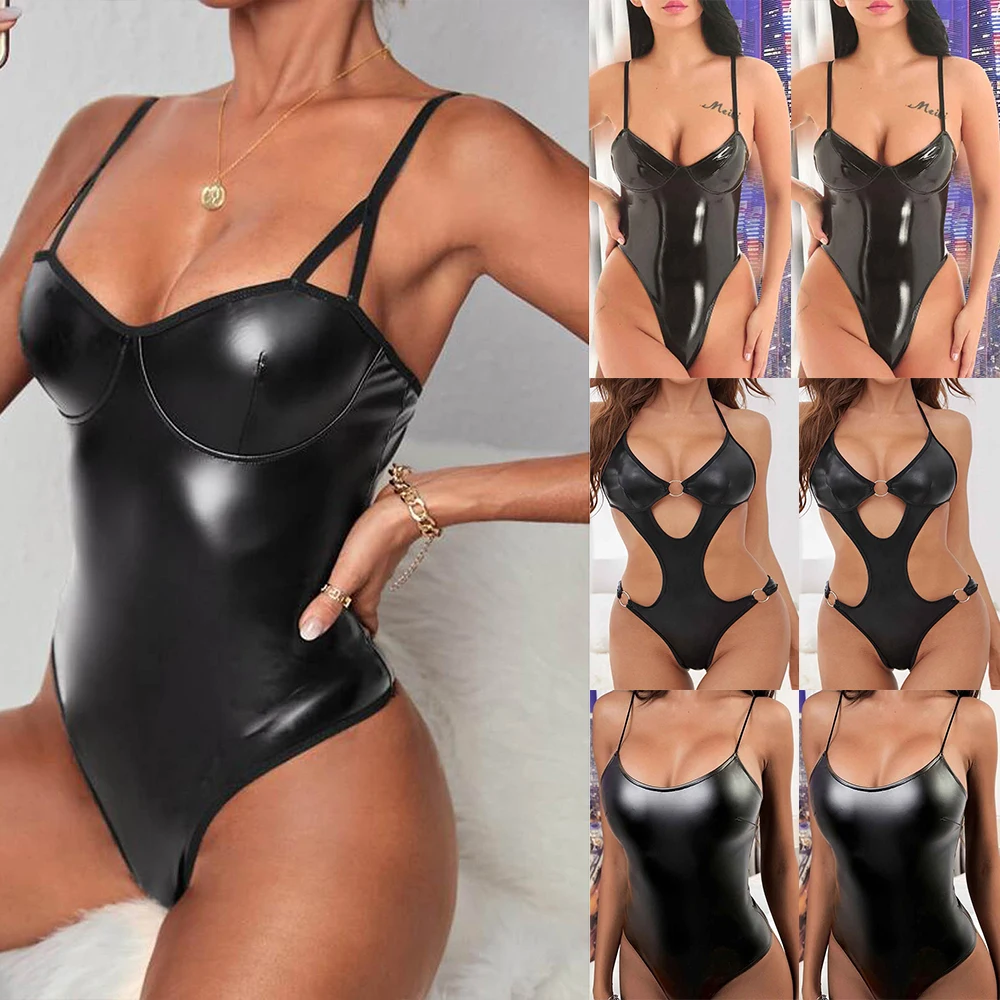 HOT SALE Womens Sexy PU Leather Lingerie Bodysuit PVC Wet Look Leotard Underwear Sleepwear Robes