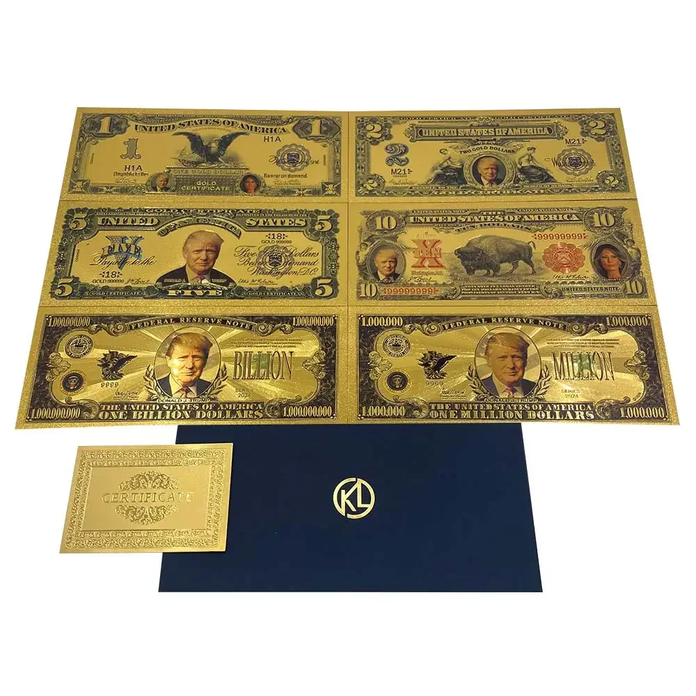 2024 USA President Trump 1 2 5 10 Billion Million Dollars Gold Banknotes Ticket Golden Cards For Fans Collectibles