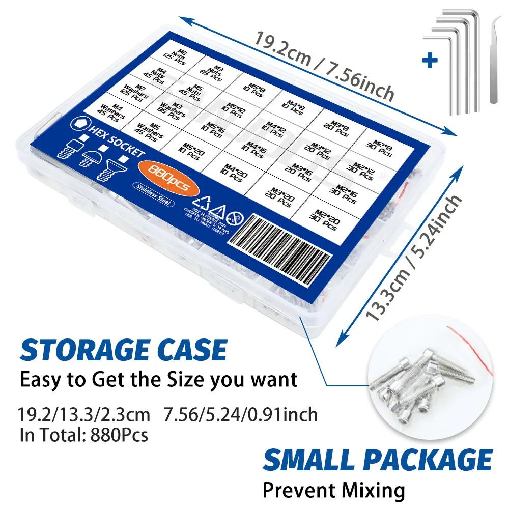 880Pcs Stainless Steel Hex Socket Screw Kit