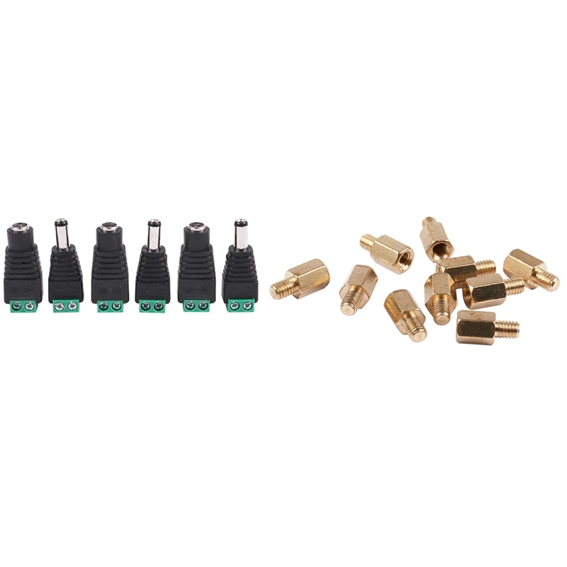ABAN 6 Pcs 5.5X2.1Mm Female + Male CCTV DC Power Connector With 10 Pcs PC PCB Motherboard Brass Standoff Hexagonal Spacer