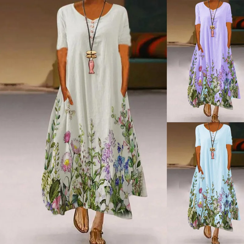 

Print Long Dress For Women 2022 Summer Vintage Robe Short Sleeve Party Dresses Casual Sundress Lady Maxi Dresses Female Vestidos