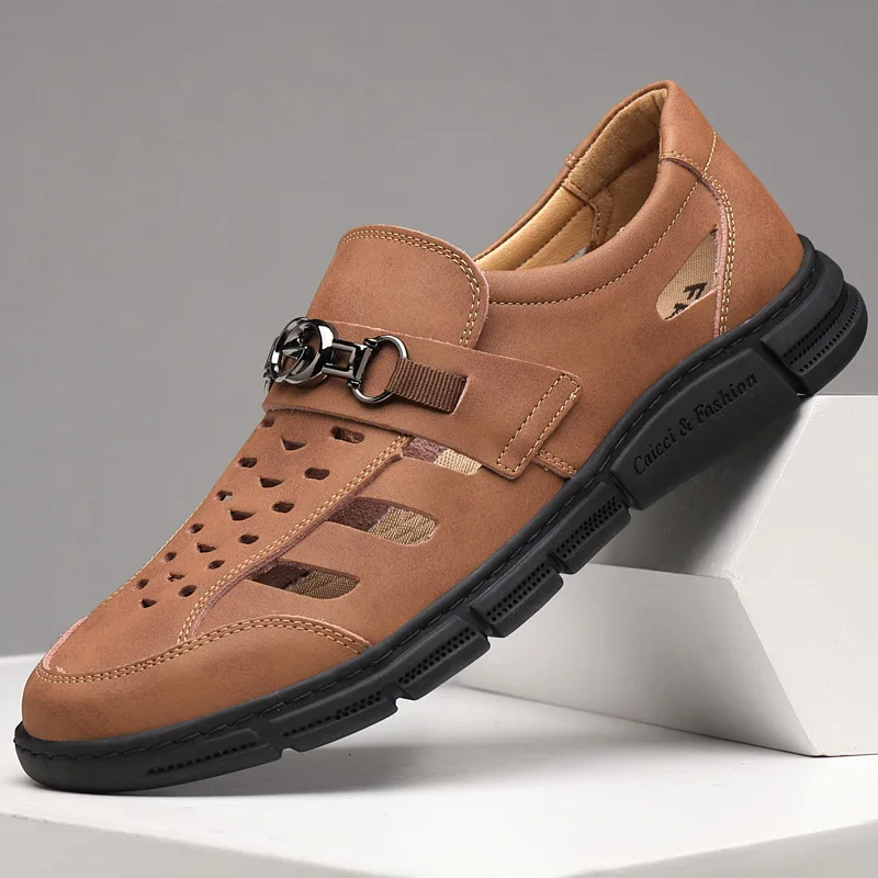 

Hollow Breathable Sandals 2023 Summer New Outdoor Casual Genuine Leather Men's Sandals Slip On Soft Sole Comfortable Hole Shoes