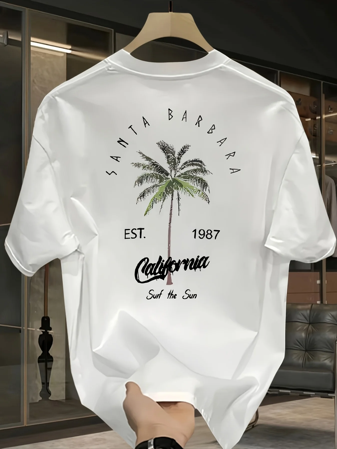 Retro-Surf-inspiriertes T-Shirt mit „Soul The Sea“ und Einzelner Palmen-Grafik, 100% Baumwolle, Herren-T-Shirt, Sommer-Casual