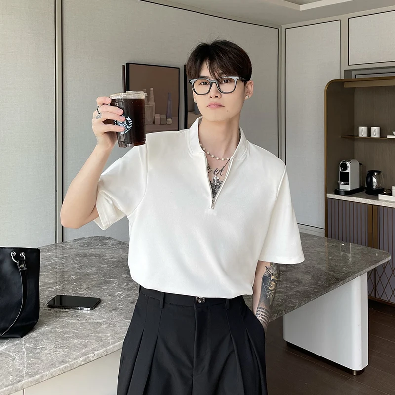

Summer All-match Zipper Short Sleeve O Neck Men T Shirts Korean Fashion Loose Casual Punk Oversized Clothing Black White Daily