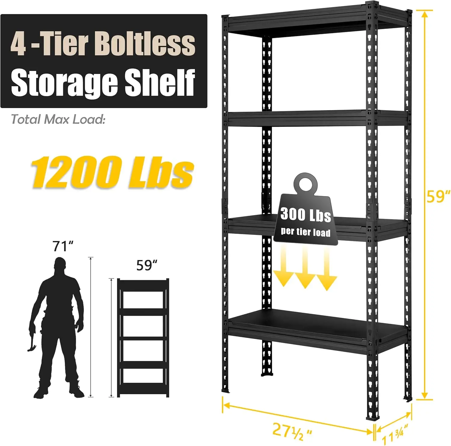 Primezone 27.5"" W X 12"" D X 59"" H Heavy Duty Metal Storage Shelves - 4 Tier Adjustable Garage Storage Shelving Unit, 3
