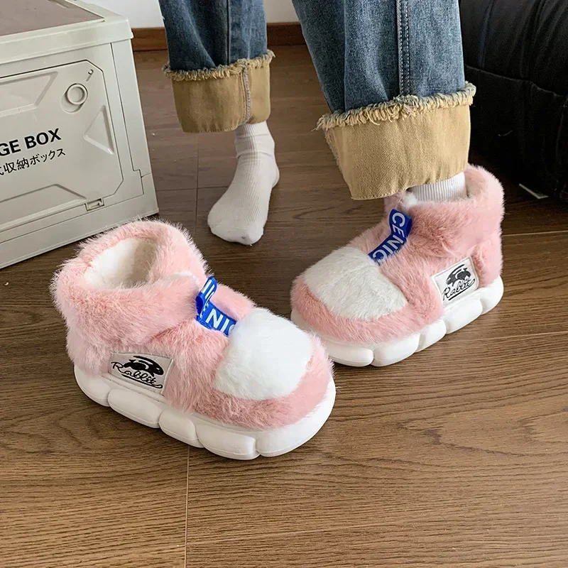 Rabbit Cotton Slippers Women Winter Warm Shoes Plush Lining Indoor Slipper Couple Platform High Top Snow Boots Male Home Slipper 3