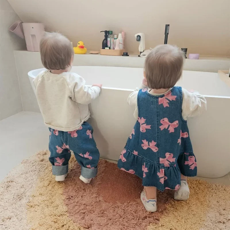 2025 New Denim Kids Set – Bow Print Baby Girl Dress & Denim Jacket 5