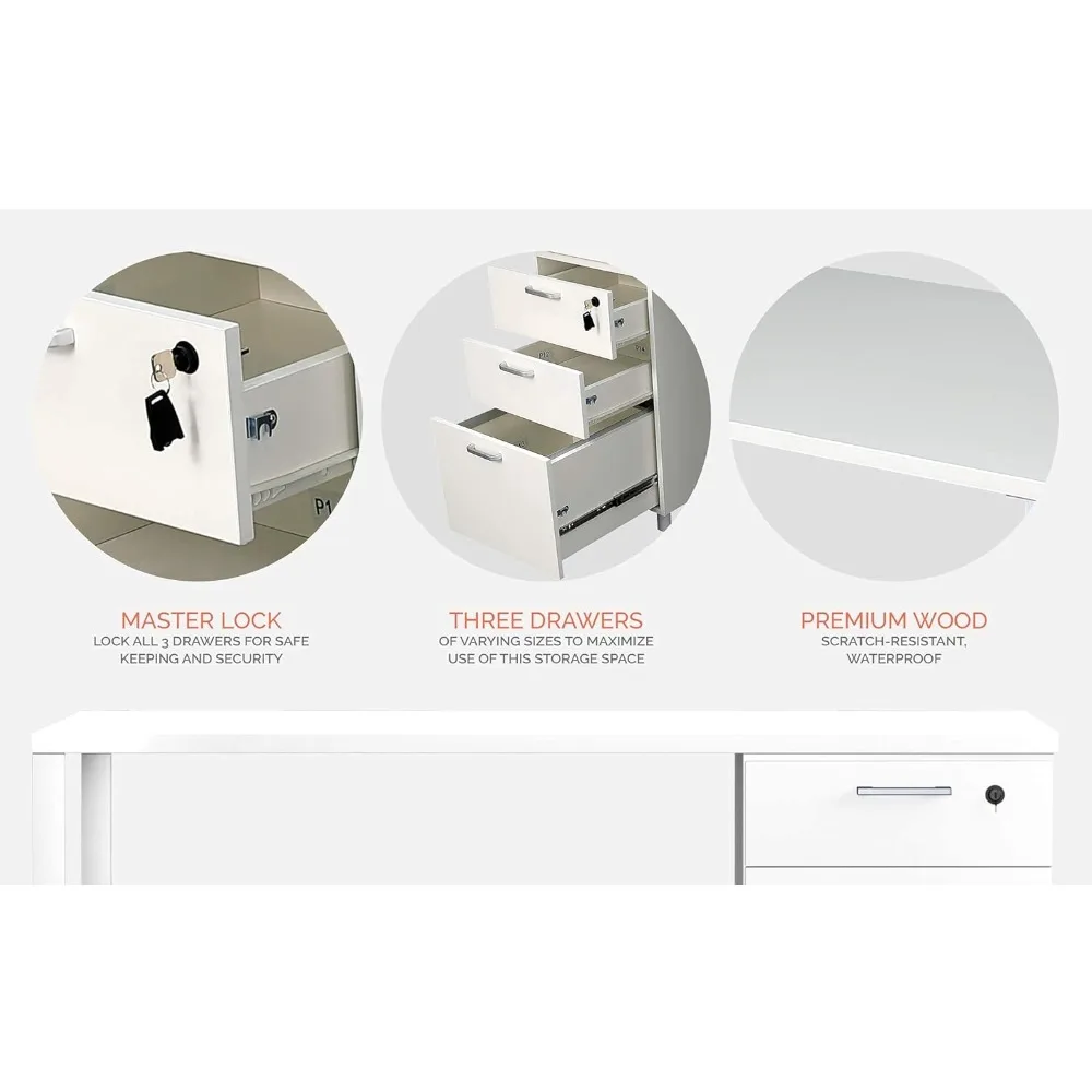 "contemporary milan-style office desk with 3 secure drawers, 48" white rustic wood desk with filing and storage solutions"