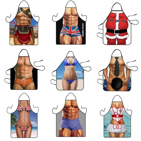 

Humorous Strong Man 3D Kitchen Aprons Digital Printed Sexy Naked Men Aprons Pattern Dinner BBQ Barbecue Cooking Uniform Aprons