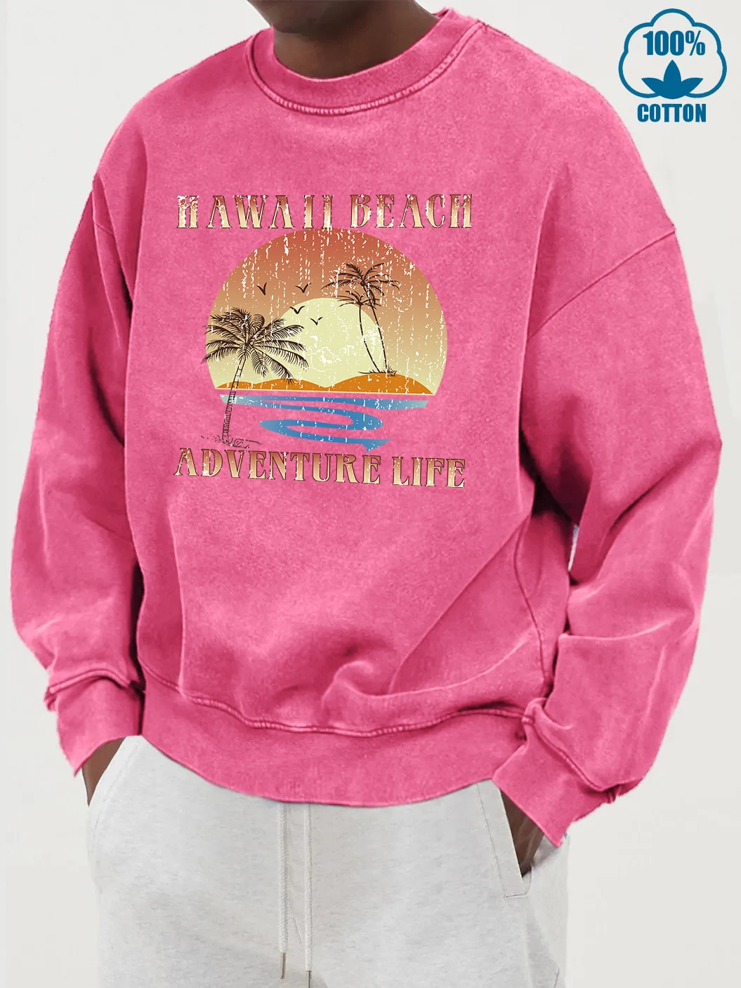 Hawaii Beach Adventure Life Baskılı Erkekler Yıkanmış Pamuklu Tişörtü Sokak Rahat Giysiler Bisiklet Yaka Kapüşonlu Üst Büyük Boy Sonbahar Streetwer