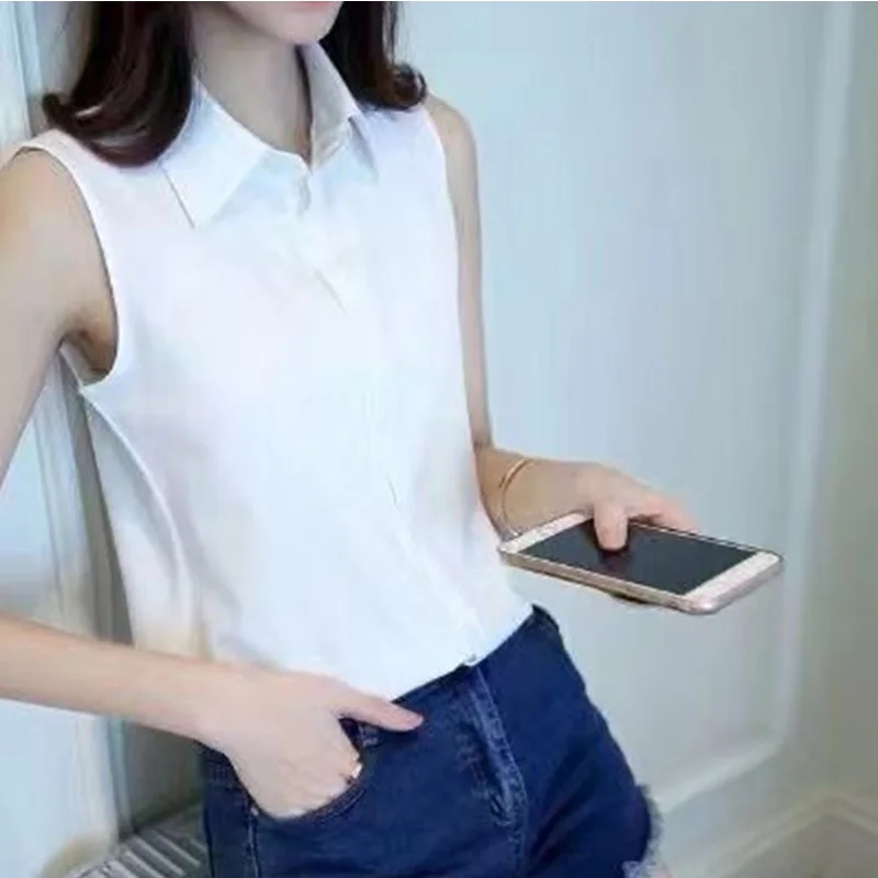 2024 New Summer Retro Loose Casual Office Lady Korean Style Women's Shirt Button Solid Color Turtleneck Sleeveless Y2K Chic Tops