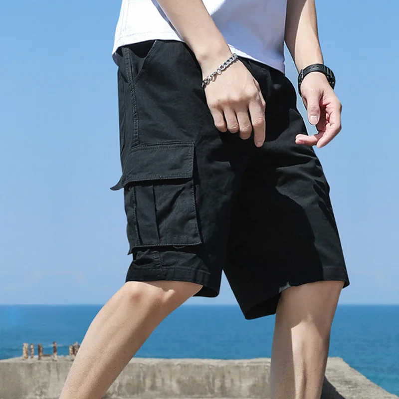 Mens Summer Shorts Harajuku Streetwear Cargo Shorts Fashion Black Multi