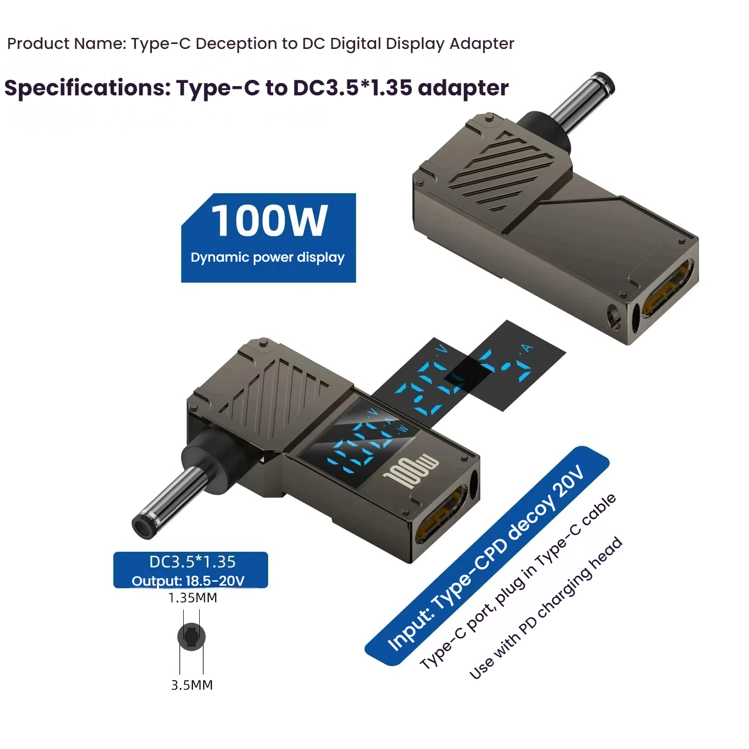100W Laptop Power Charger Converter - Type-C to DC Male Adapter