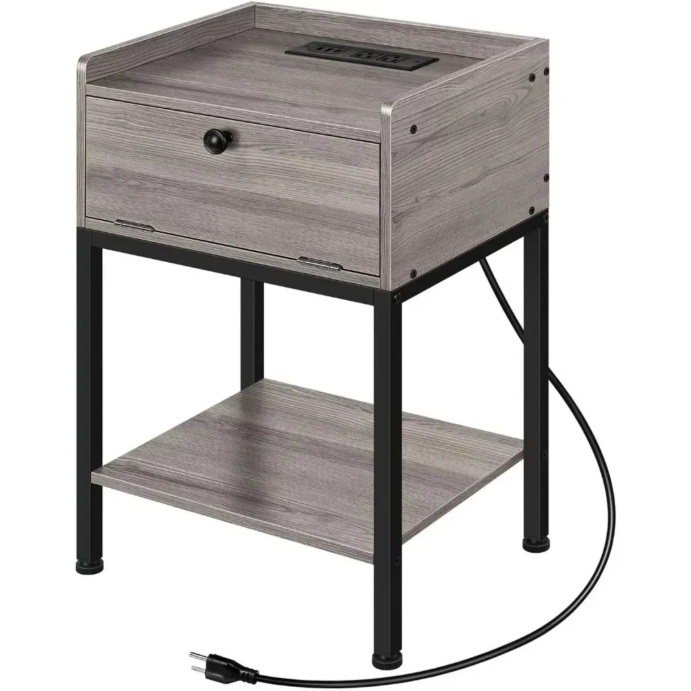 

Gray Mobile Wood Side Table With Charging Station Nightstand End Table With Storage Drawer Nightstands Bedroom Furniture Bedside