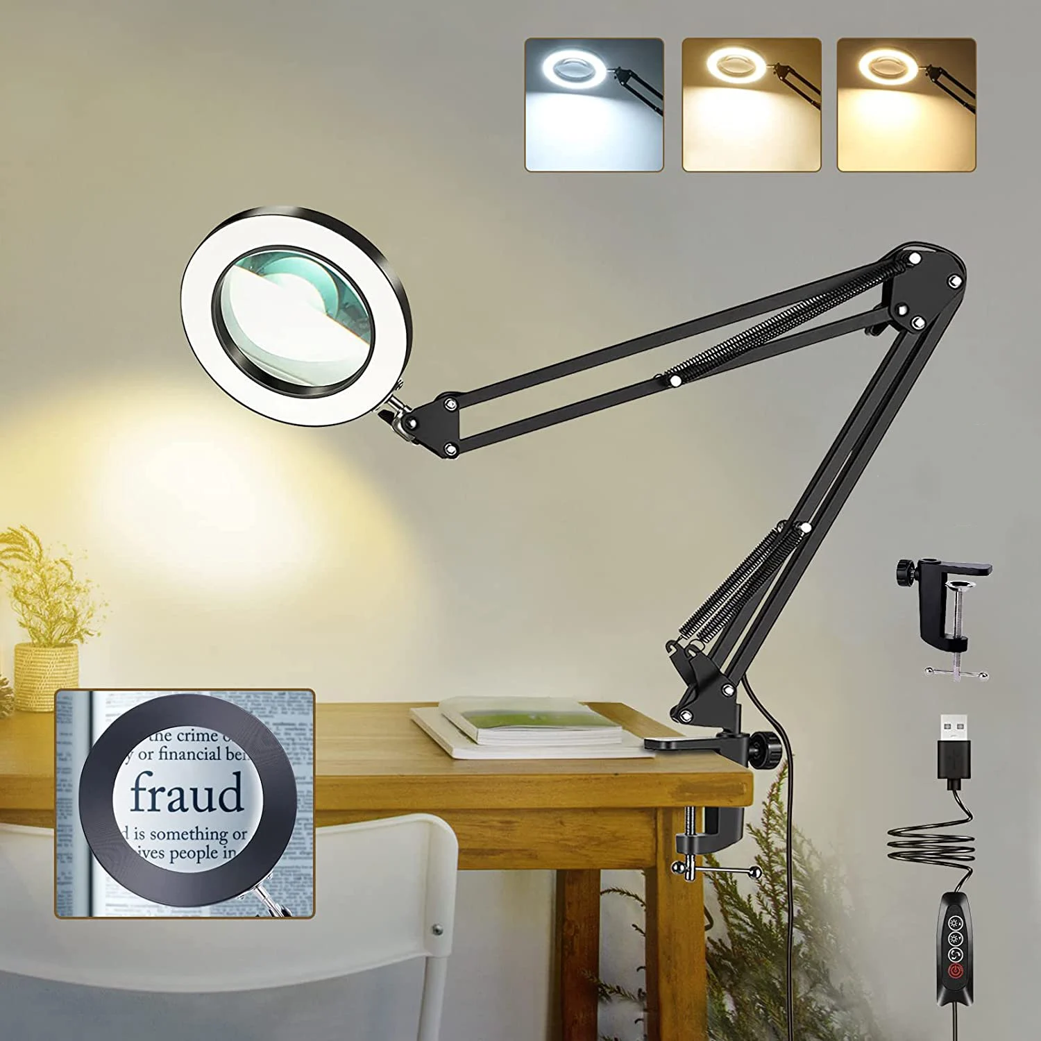 Dimmable LED Magnifying Lamp Large Hands Free Magnifying Glass with Light  and Stand for Reading Seniors Hobbies Crafts Workbench