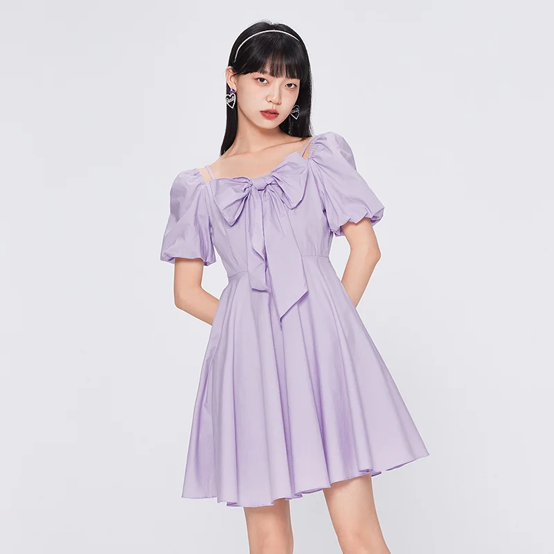 

Semir Dress Female Bow Purple Korean Version 2024 Summer New Puff Sleeve Dress Small Sexy And Gentle