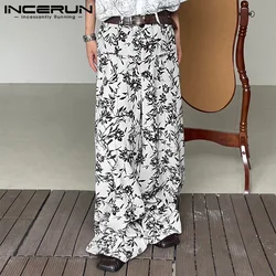 INCERUN 2023 Korean Style New Men's Pants Retro Ink Flower Print Pattern Trousers Fashion Party Show Hot Selling Pantalons S-5XL