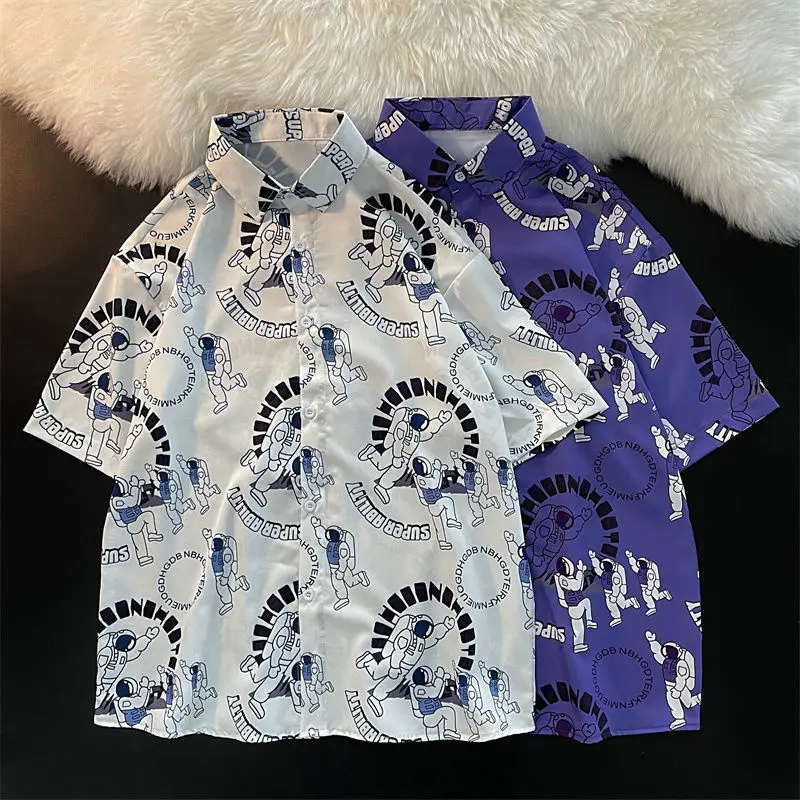 

Astronaut Full Print Hawaiian Beach Shirt Women Short Sleeve Casual Summer Plus Size Shirt Hong Kong Style Handsome Men Shirts