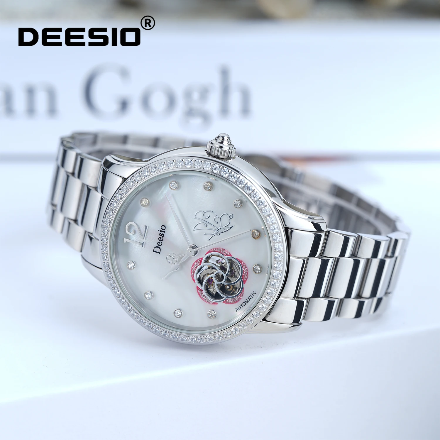 Deesio Luxury Women's Mechanical Watch, Hollow Dial, Stainless Steel Band Wristwatch, Valentine's Day Gift, Anniversary Present
